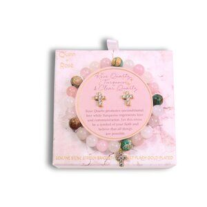 Quinn  Rose Quartz Turquoise Clear Quartz Cross Bracelet & Earrings Set 14K GP